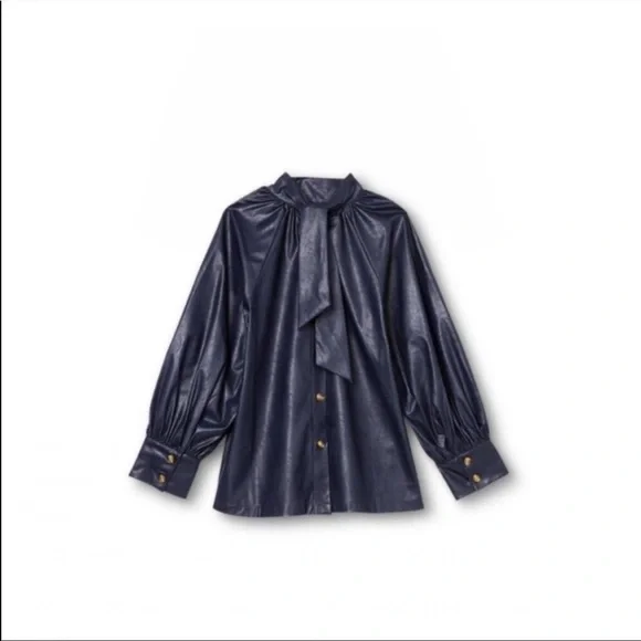 NWOT Rachel Comey For Target Long Sleeve Faux Leather Tie Back Top Navy Blue - Picture 4 of 6
